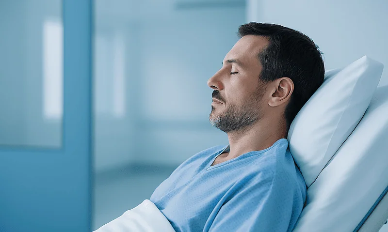 Patient resting in hospital bed with eyes closed, medical setting background.