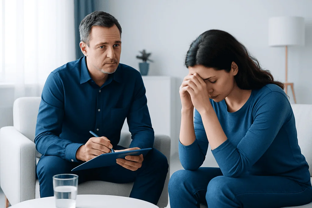Therapist listening to a woman in distress during a counseling session.