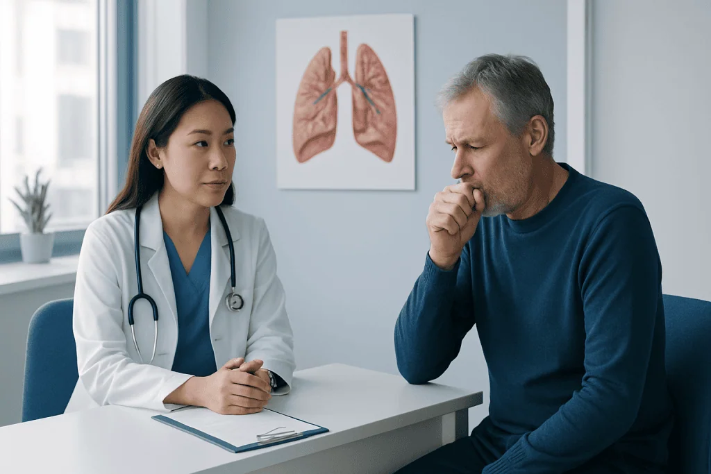 Doctor consulting with a patient about lung health in a medical office.