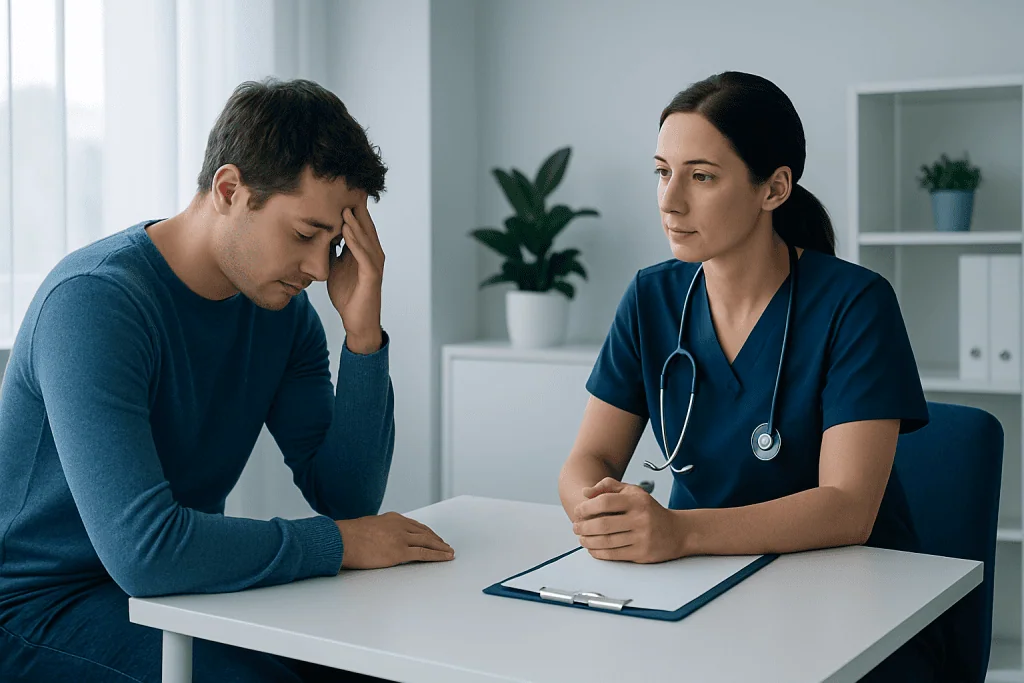 Patient consulting with a healthcare professional about sleep issues.