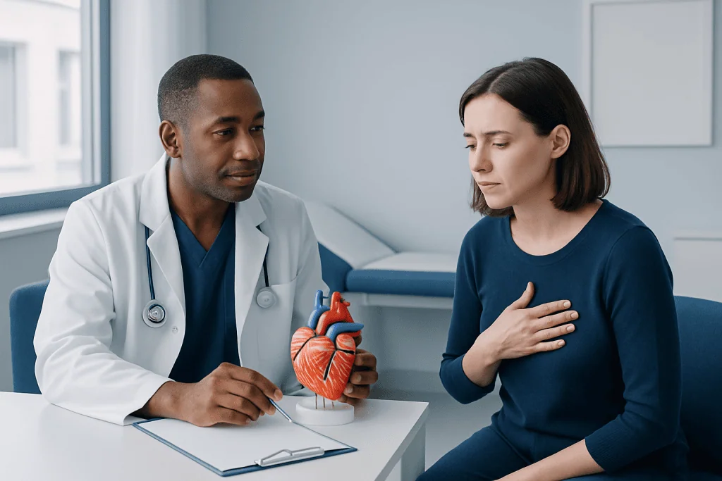 Doctor explaining heart health to a patient with a model of the heart.