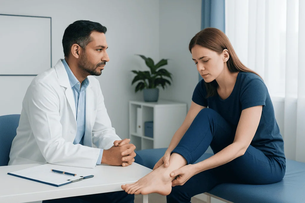 Doctor consulting with a patient about Achilles tendinitis symptoms and treatment options.