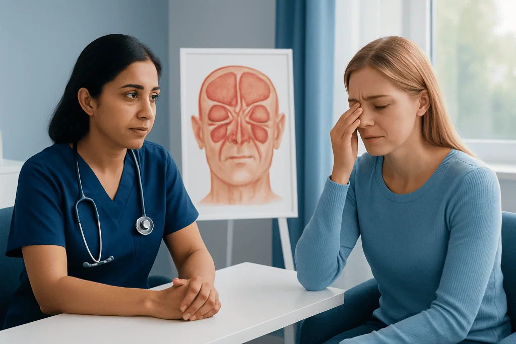 Doctor consulting with patient about sinus issues and nasal polyps.