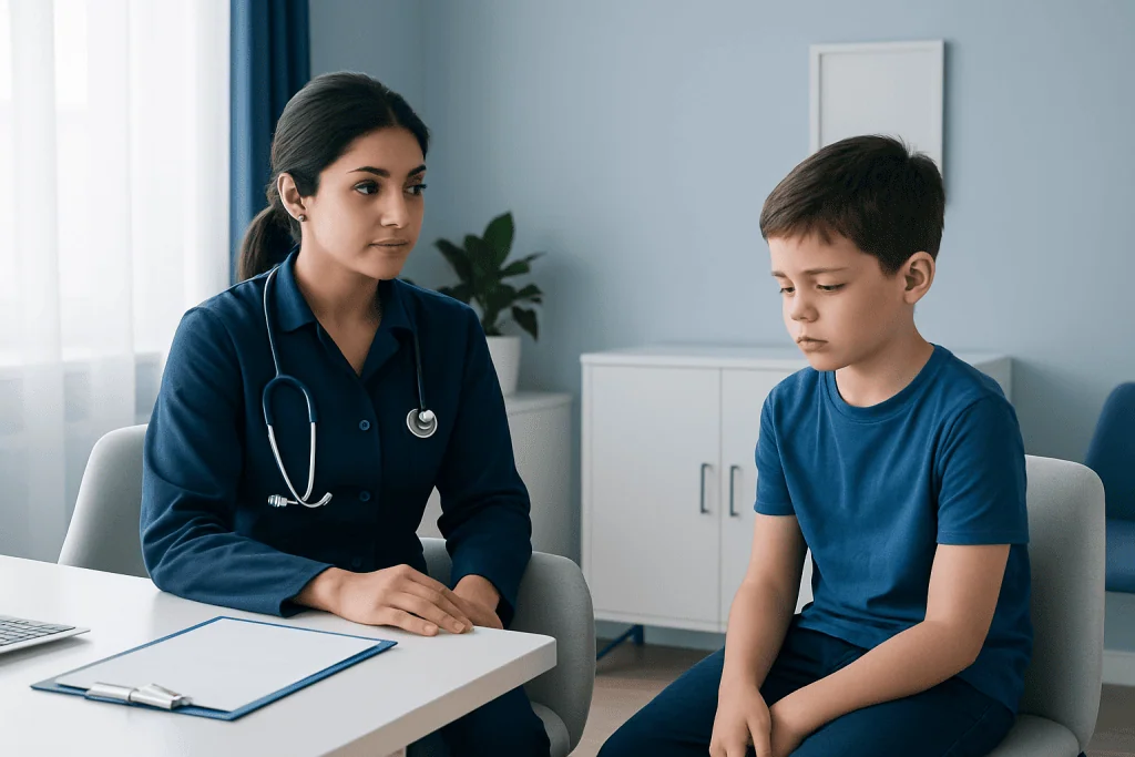 Pediatric consultation with a doctor and young patient in a clinic setting.