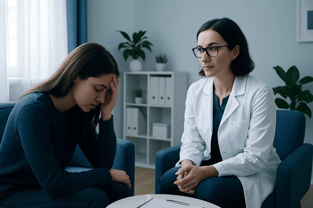 Young woman consulting with a doctor about mental health concerns.