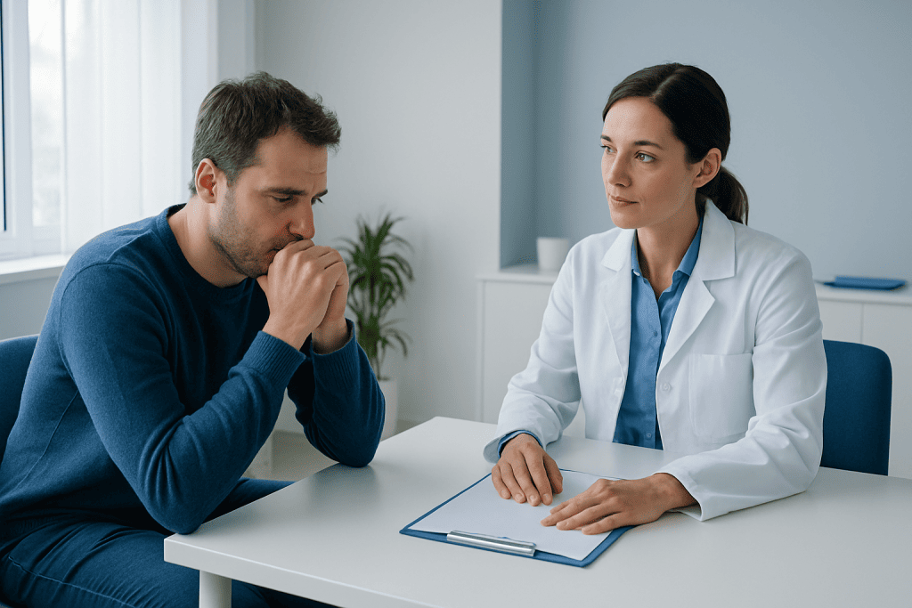 Psychologist consulting with a patient in a medical office setting.