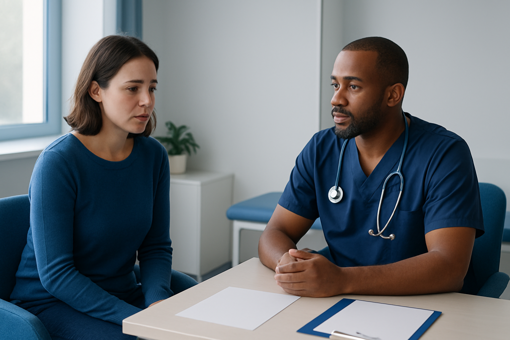 Doctor consulting with a patient in a medical office setting.
