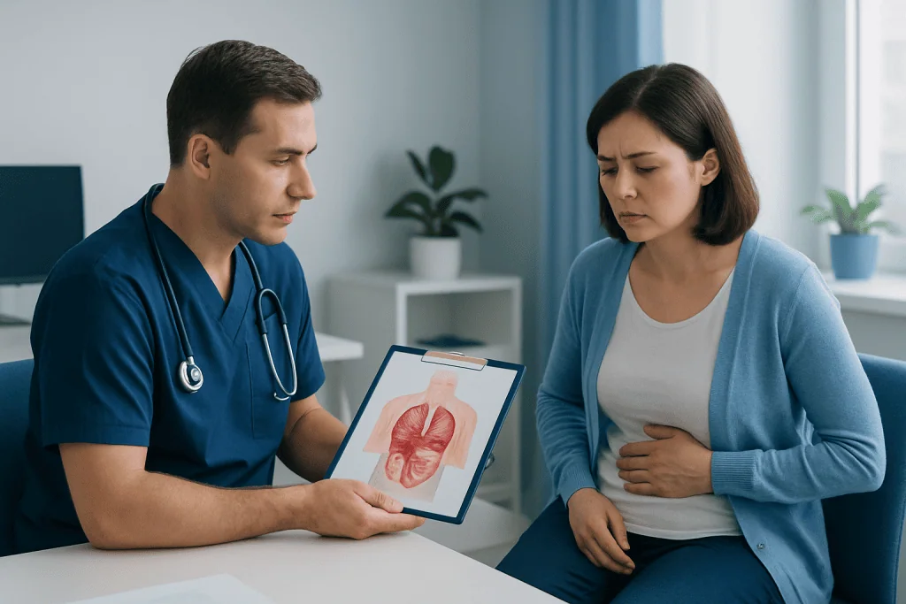 Doctor explaining diaphragmatic hernia to patient with medical illustration.