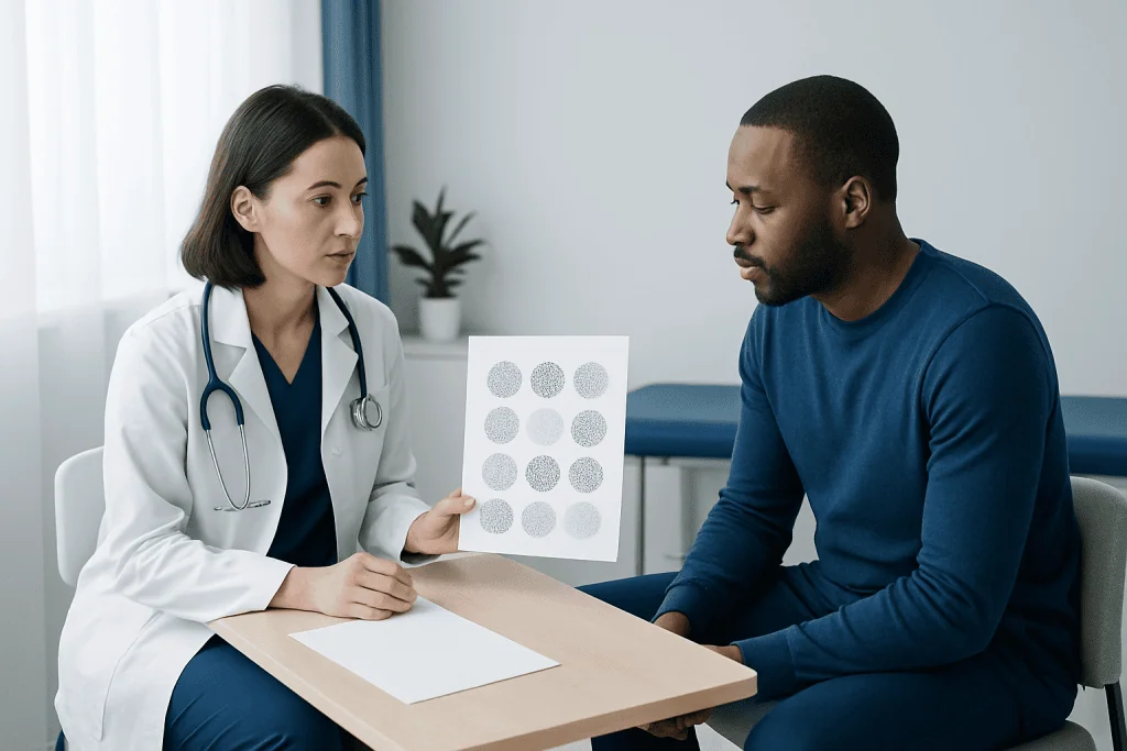 Doctor explaining achromatopsia test results to patient in clinic.