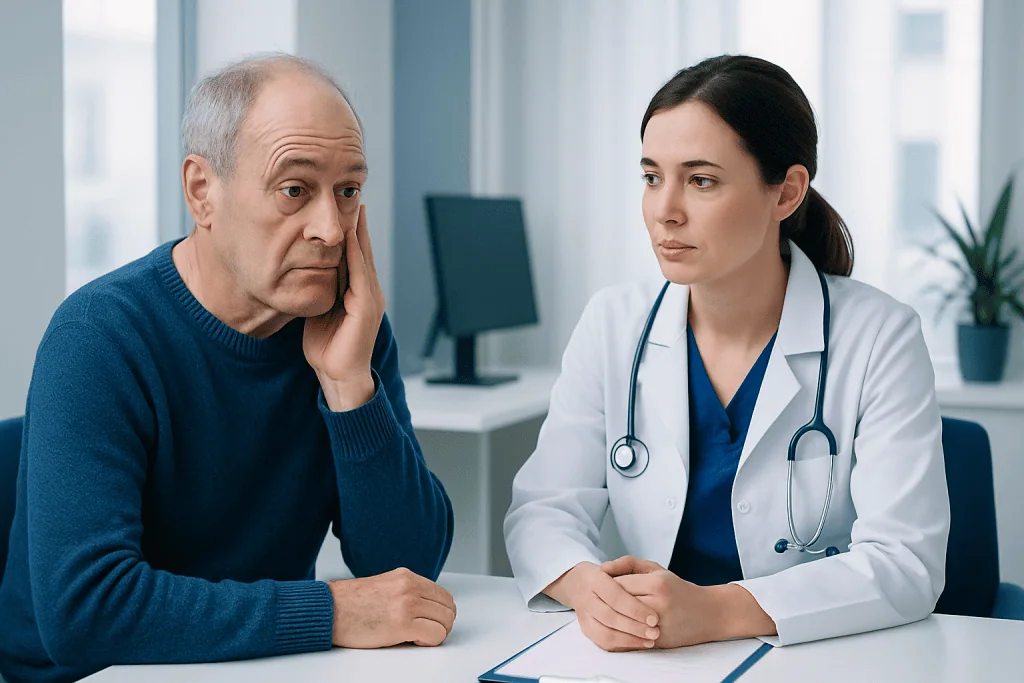 Doctor consulting with an elderly male patient in a medical office.