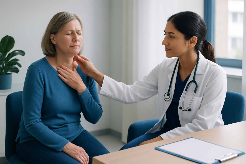 Doctor examining a woman's throat during a medical consultation.