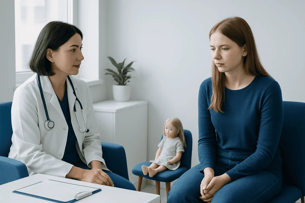 Doctor consulting a young woman about her health in a clinic setting.