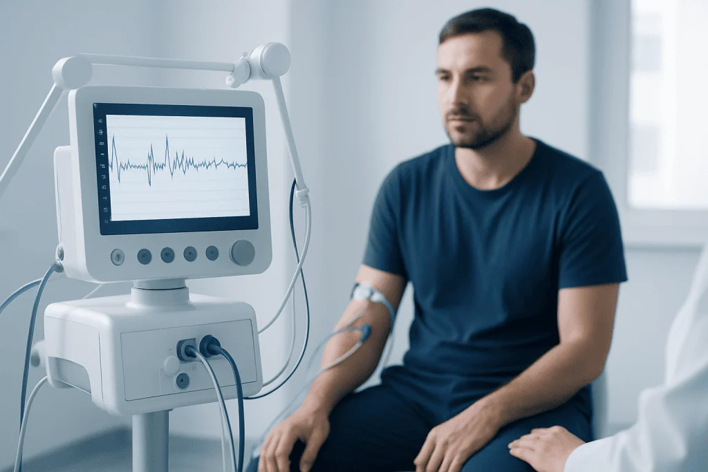Patient undergoing neurological monitoring with medical equipment at Acibadem Hospital.