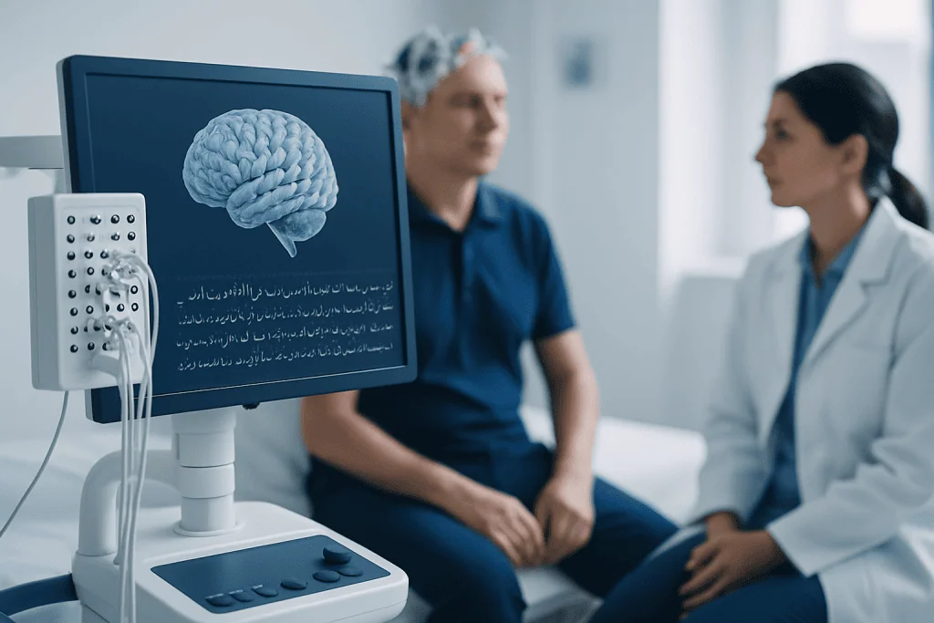 Medical consultation with brain scan display for neurodegenerative disorders.