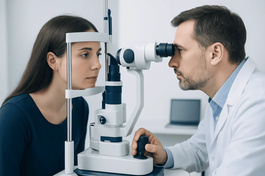 Optometrist examines patient's eyes using slit lamp in clinic.