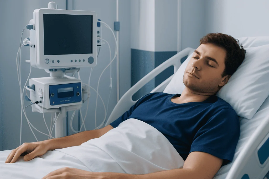 Young man resting in hospital bed with medical monitoring equipment nearby.