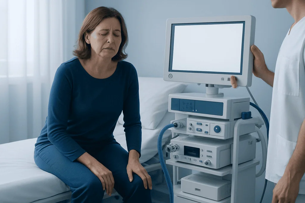 Woman experiencing discomfort during neurological examination at Acibadem Hospital.