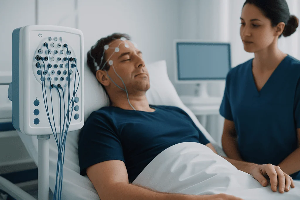 Patient undergoing sleep study with EEG monitoring at Acibadem Hospital.