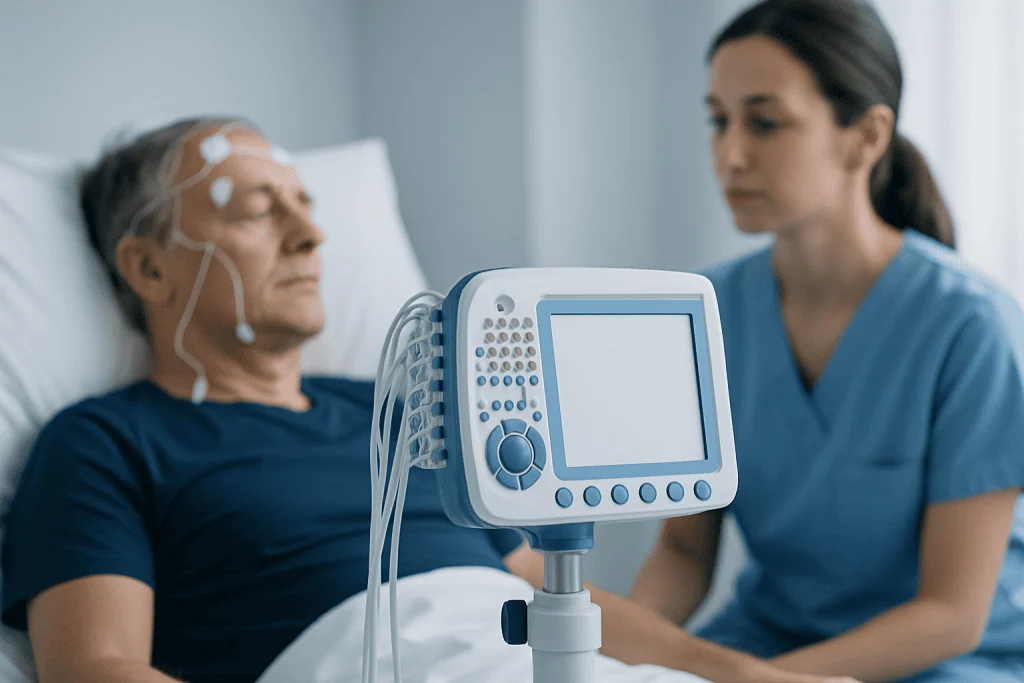 Patient connected to medical monitoring device in hospital bed.