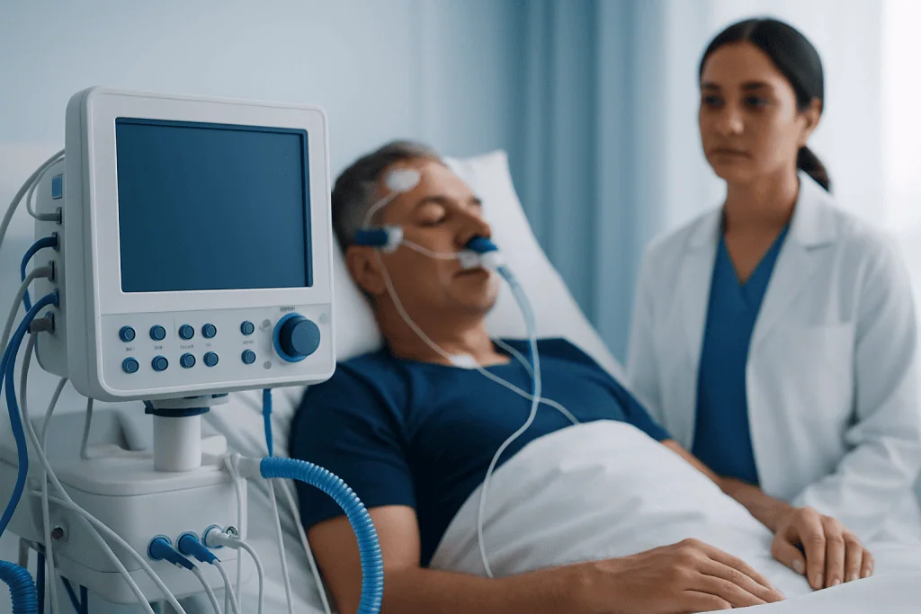 Patient in hospital bed connected to medical ventilator and monitoring equipment.