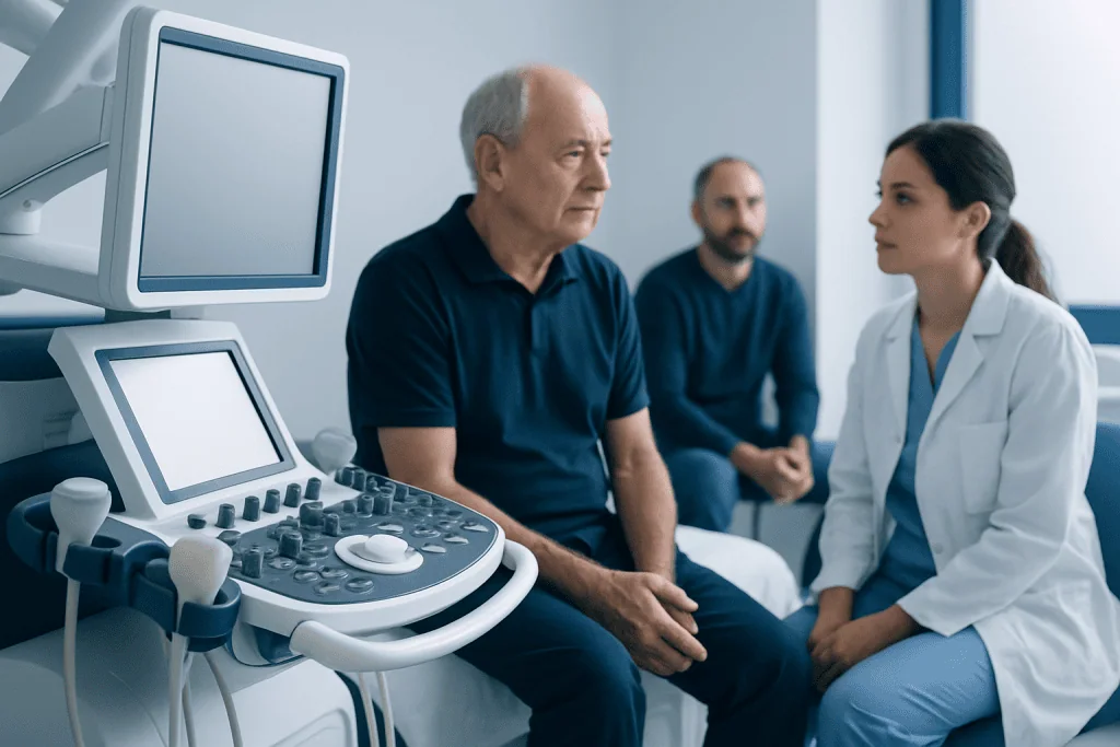 Doctor consulting elderly patient with ultrasound machine in hospital.