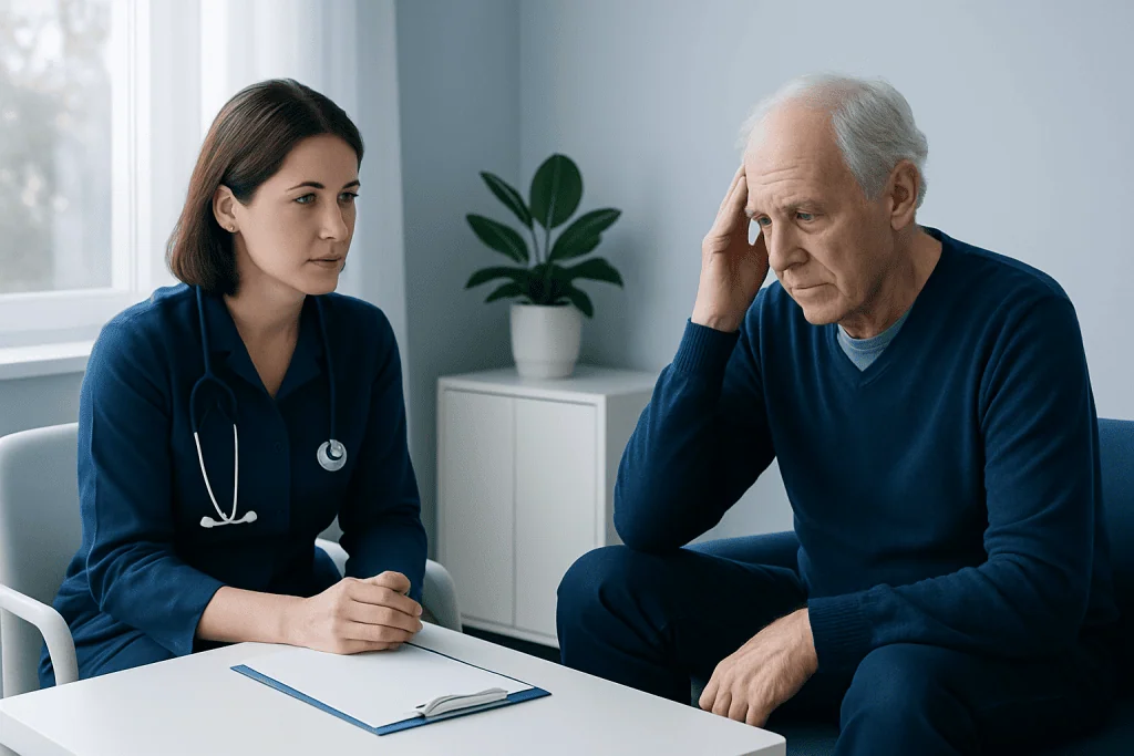 Doctor consulting with an elderly patient about neurological health.