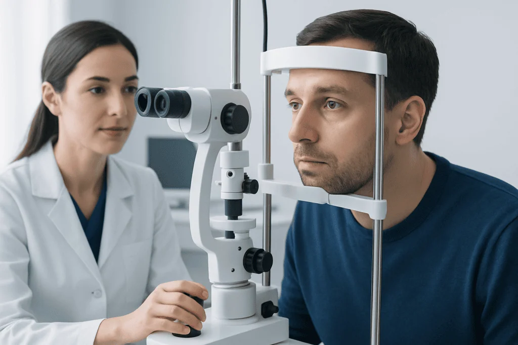 Optometrist examines patient's eyes with slit lamp in clinic.