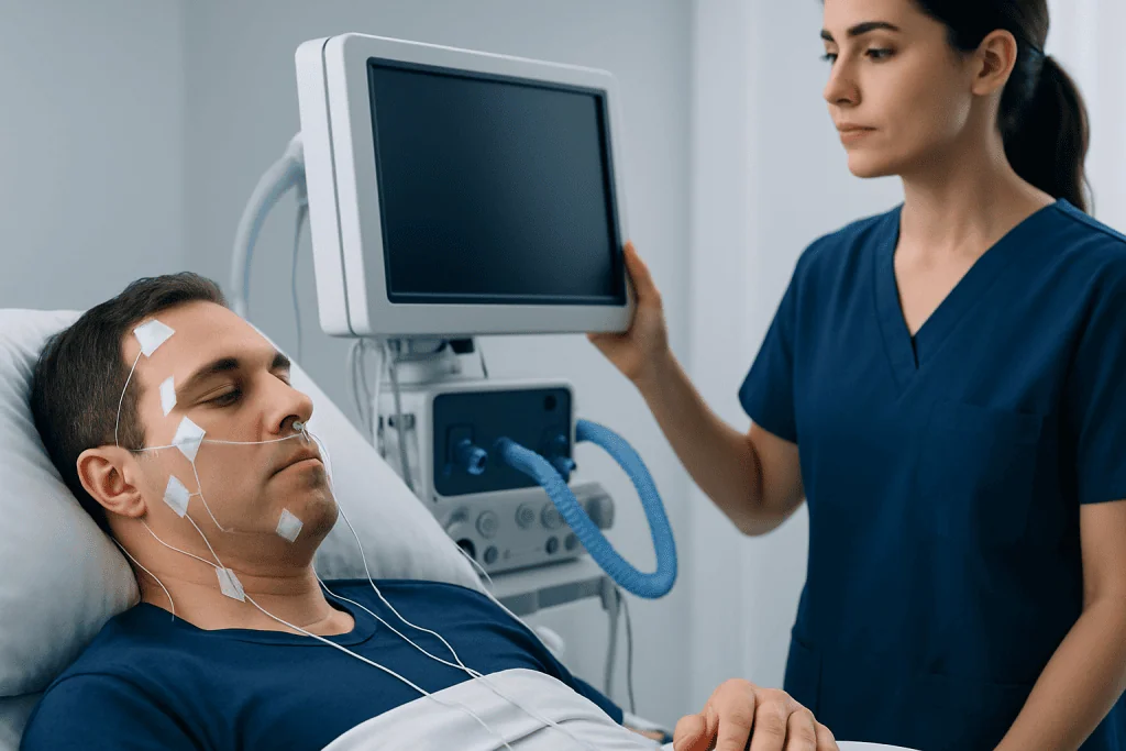 Patient undergoing sleep study with monitoring equipment at Acibadem Hospital.
