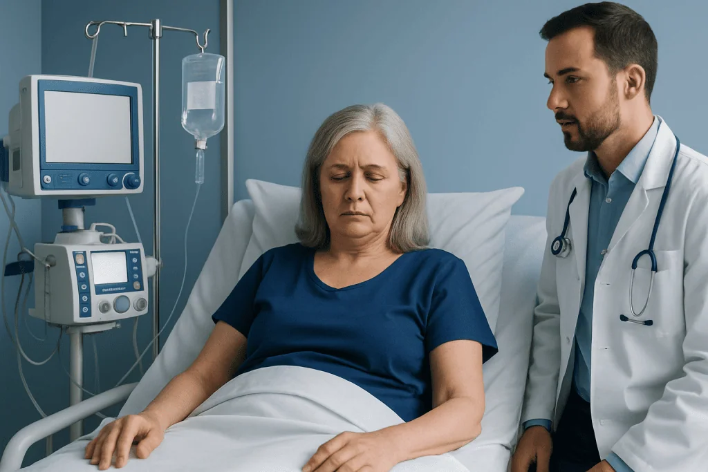 Patient in hospital bed with doctor monitoring her condition.