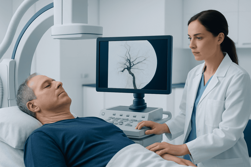 Doctor performing cerebral angiography on a patient in a hospital.