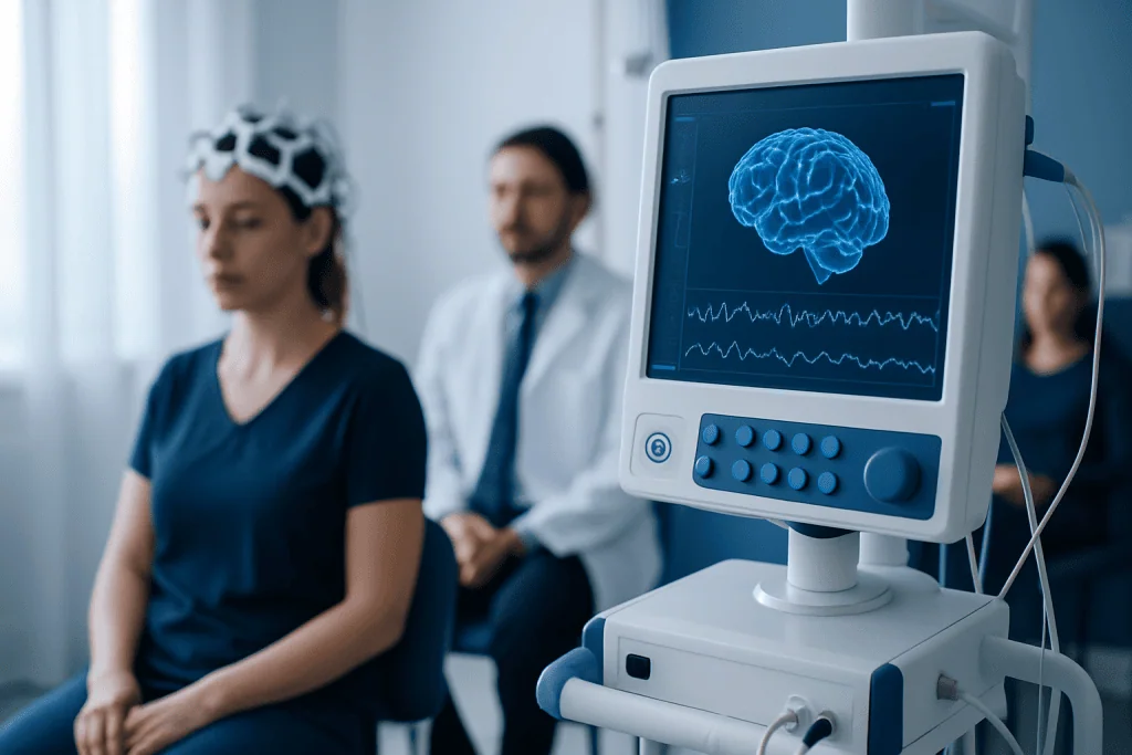 Medical professionals monitor a patient's brain activity with EEG in a clinical setting.