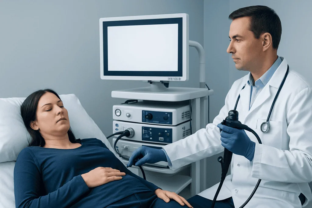 Doctor performing a diagnostic test on a patient in a hospital setting.