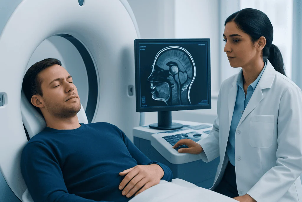 Patient undergoing brain MRI scan at Acibadem Hospital.