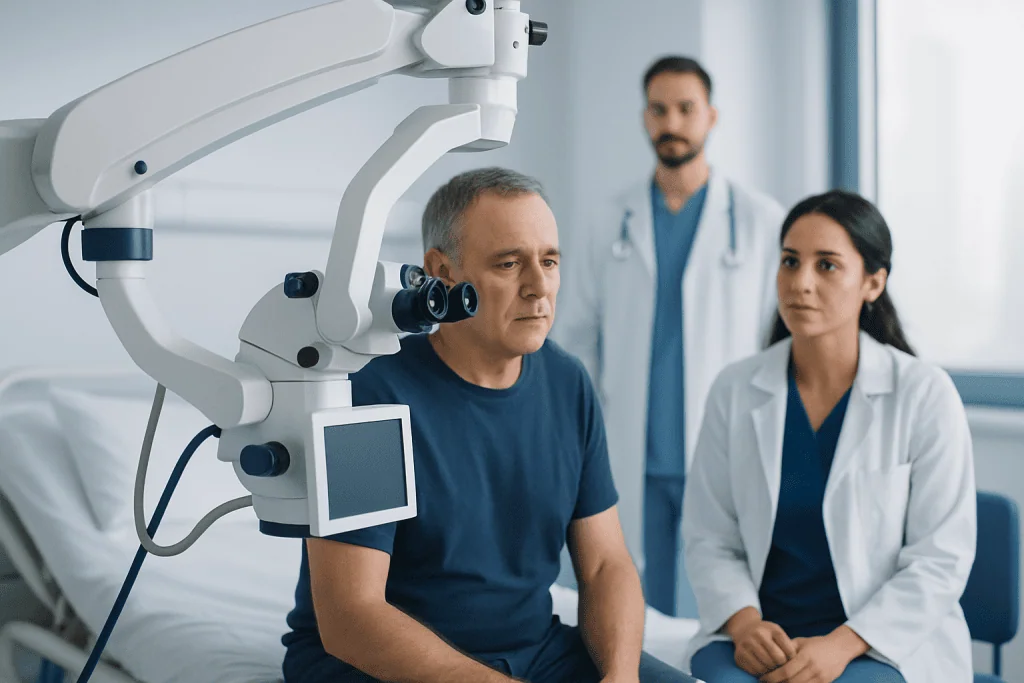 Doctor performs eye examination with slit lamp in hospital setting.