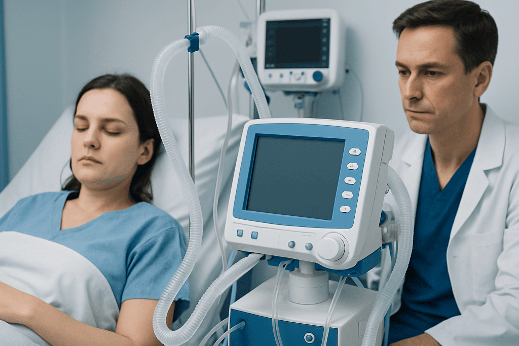 Patient in hospital bed connected to ventilator and monitoring equipment.