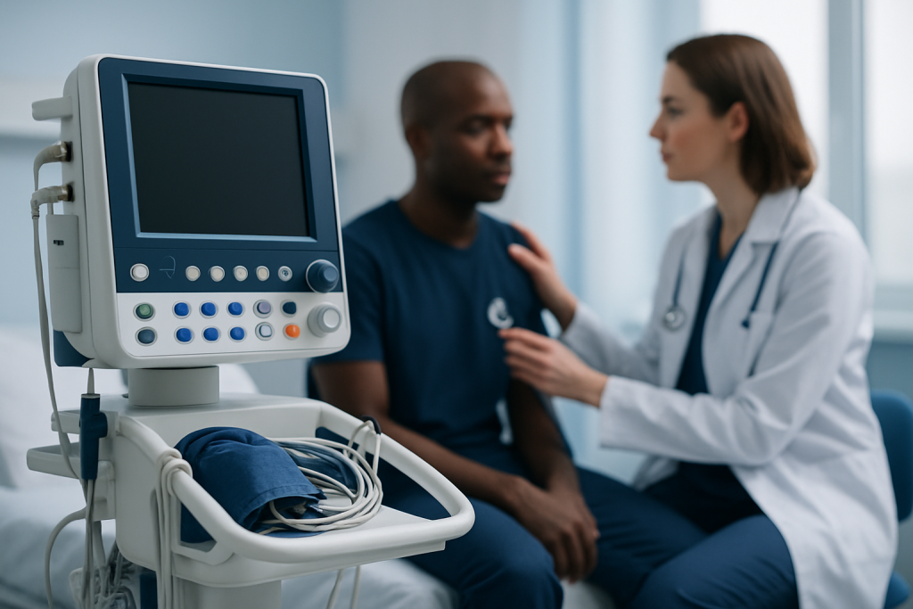 Doctor examining patient with medical monitor in hospital.