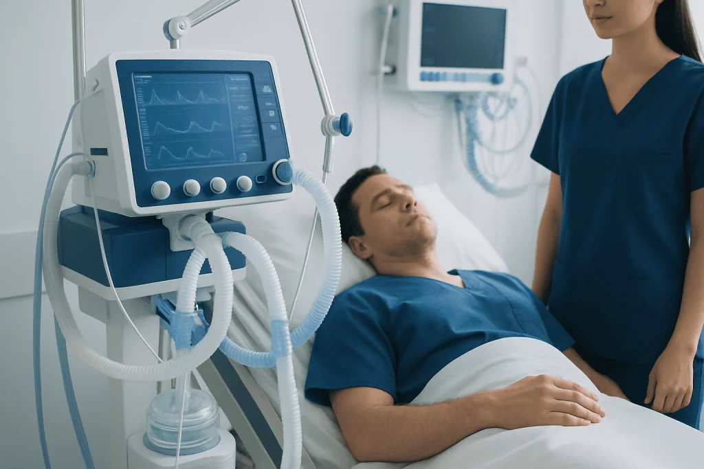 Patient on ventilator in hospital ICU with medical staff nearby.