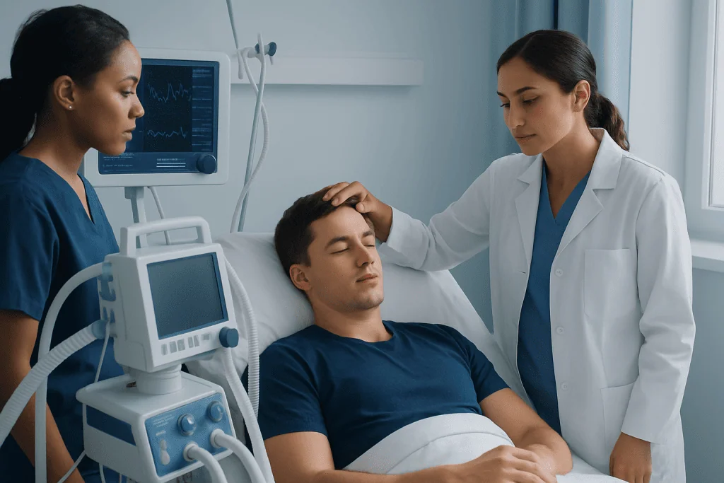 Medical team monitoring patient with viral meningitis in hospital.