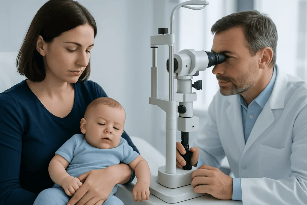 Pediatric eye exam for a baby at Acibadem Hospital with a doctor and mother present.
