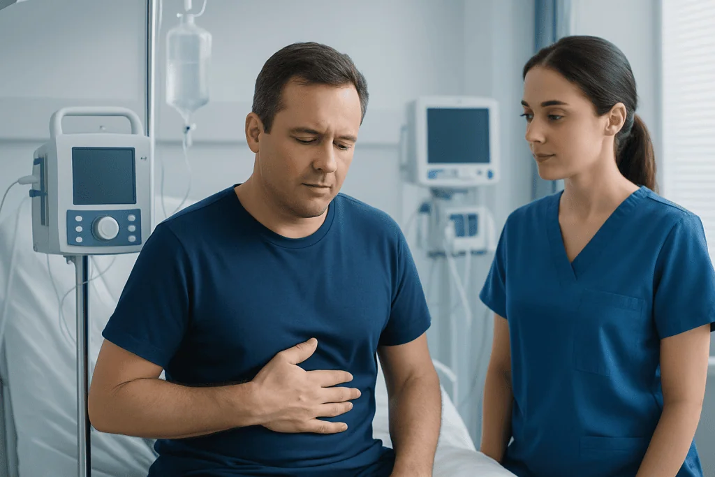 Patient experiencing stomach discomfort in hospital with nurse nearby.