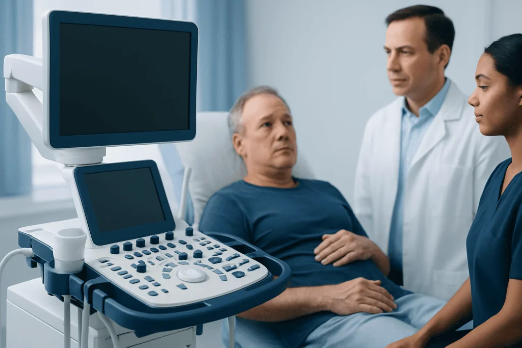Doctor consulting patient with ultrasound equipment in hospital room.