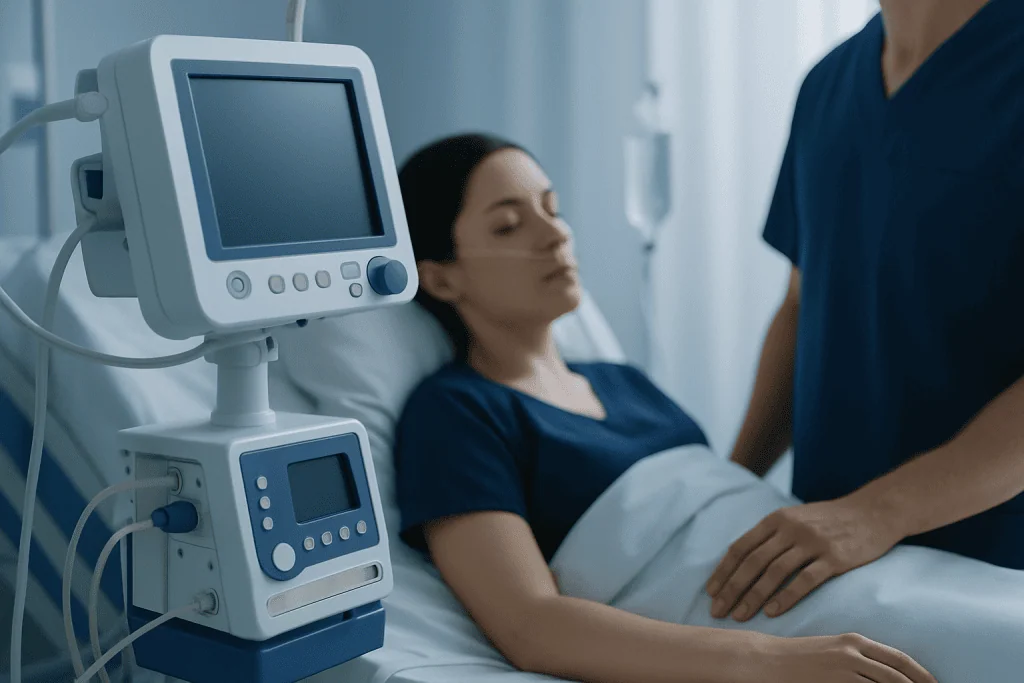 Patient in hospital bed with medical monitor and healthcare professional.