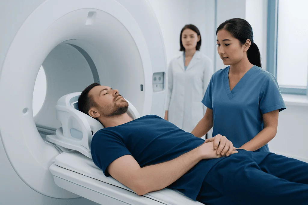 Patient undergoing MRI scan at Acibadem Hospital for spinal assessment.
