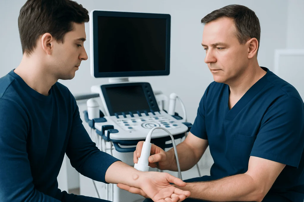 Doctor examining wrist with ultrasound device in clinic setting.
