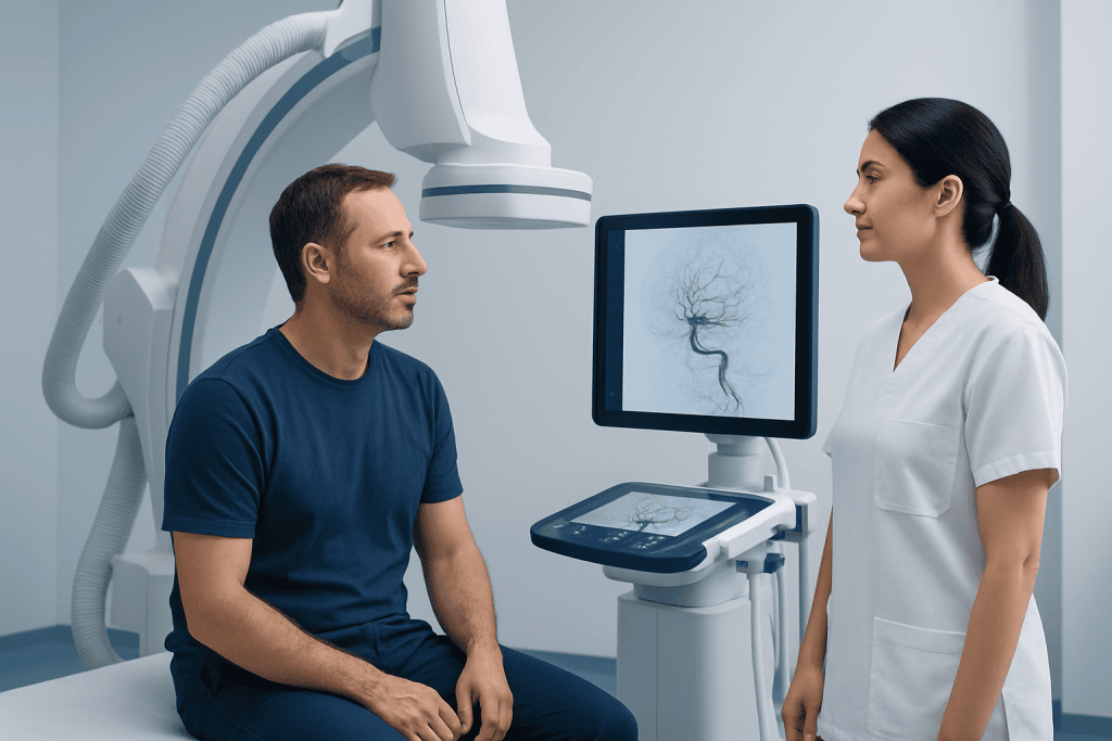 Patient undergoing brain imaging for vascular abnormalities at Acibadem Hospital.