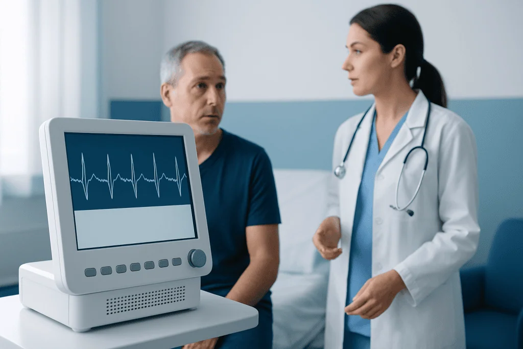 Doctor explaining ECG results to patient in hospital setting.