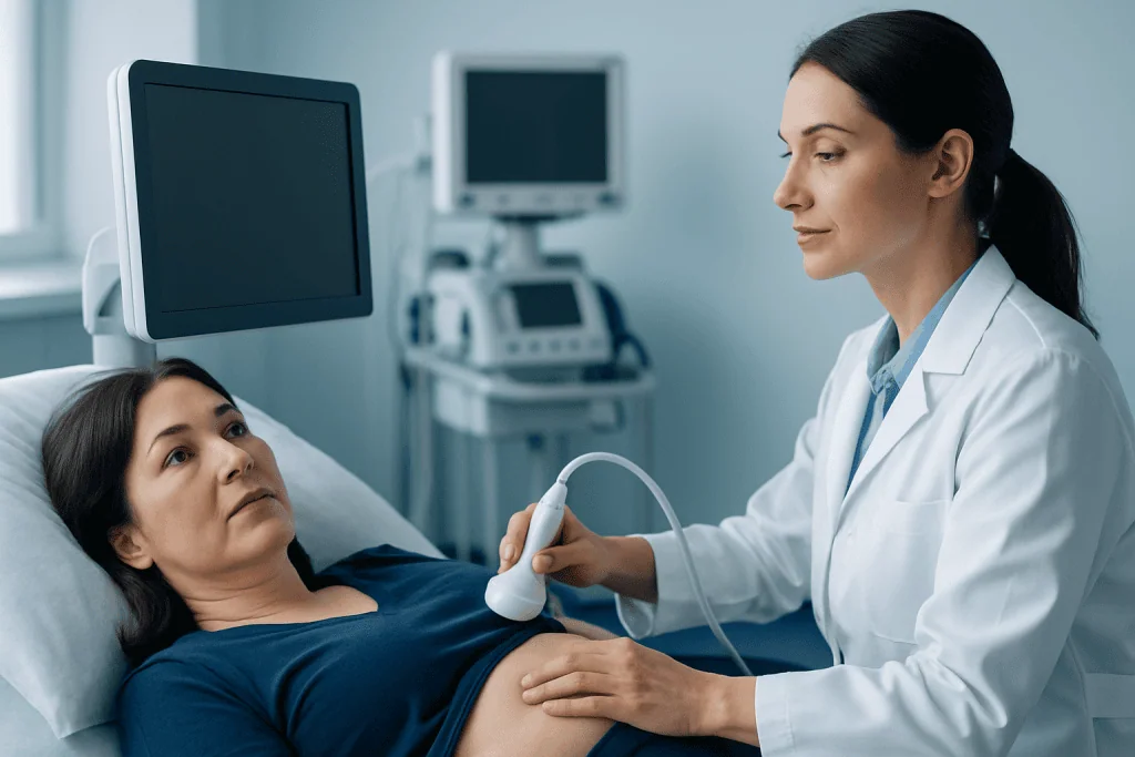 Gynecologist performing an ultrasound on a patient in a hospital room.