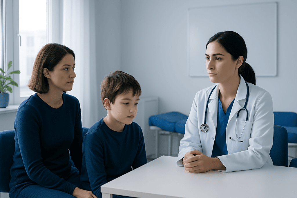 Doctor consulting with a mother and son in a medical office.