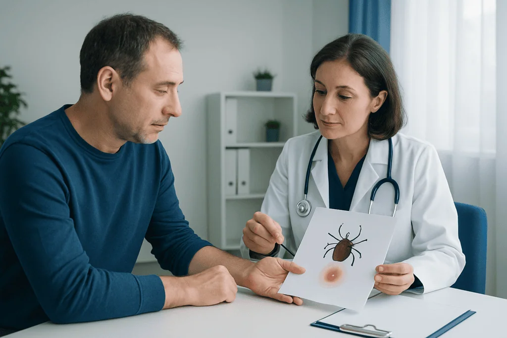 Doctor explaining tick removal to patient in a consultation room.