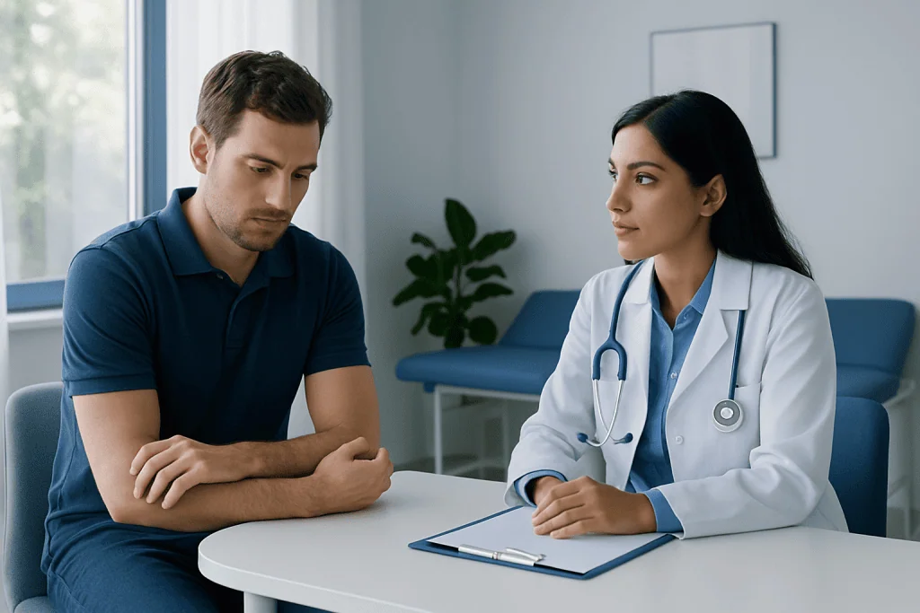 Doctor consulting with a male patient in a modern clinic setting.